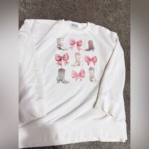 Francesca's White Sweatshirt with Pink Bow and Boot Accents